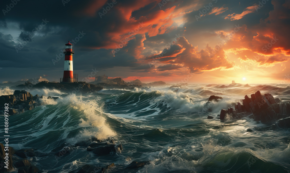Lighthouse in Stormy Ocean. Generative AI