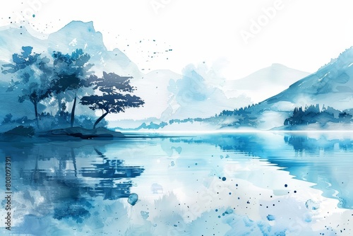 Minimal watercolor of a serene lake scene representing the tranquility of nature in Japan draw art styles, clipart watercolor on white background