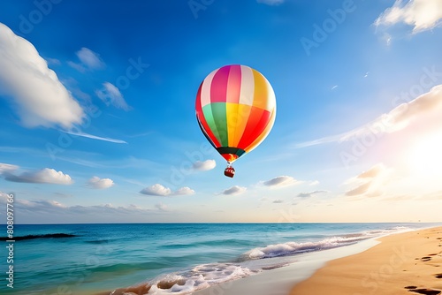 Colorful balloon floating in sky over beach