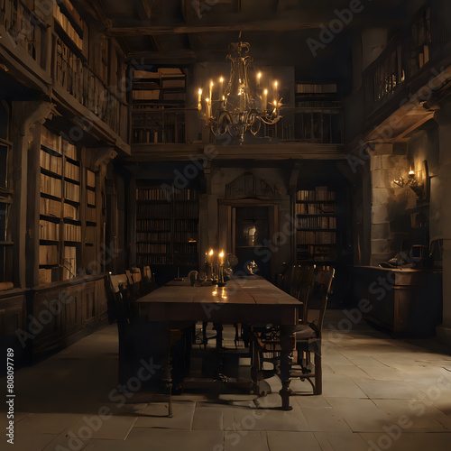 a table with candles on it in a library © Masum