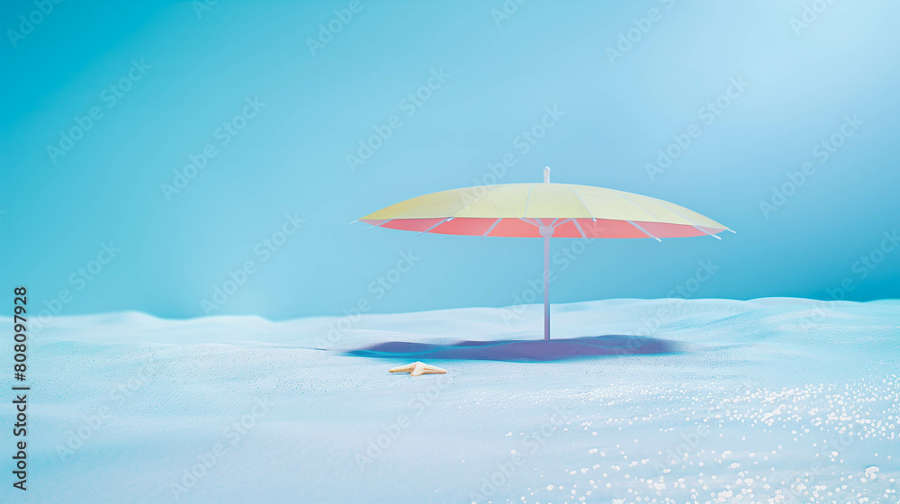 An umbrella on a bright beach, a summer minimal concept
