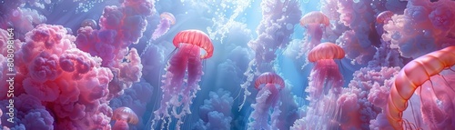A beautiful and mesmerizing underwater scene featuring a group of jellyfish. The jellyfish are of various sizes and colors, and they are all swimming gracefully through the water.