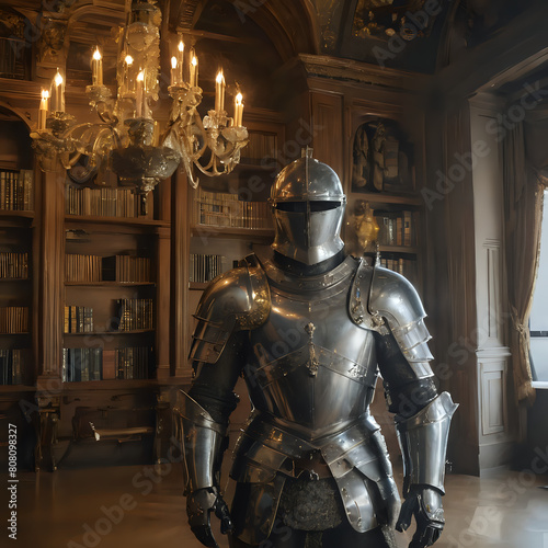 a knight in armor standing in a library with a chandelier