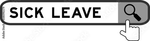 Search banner in word sick leave with hand over magnifier icon on white background