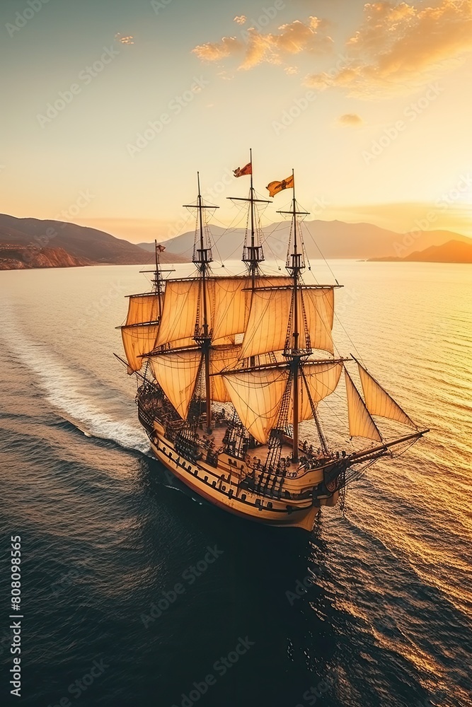 Small sailing ship in the open sea at sunset. The Crimson Tide, a striking 17th-century ship with vibrant red sails, symbolizing adventure, passion, and the thrill of the high seas.