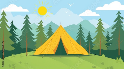 A vibrant yellow tent set against a backdrop of green pines and mountains
