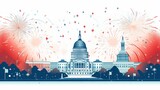 
4th of July independence day Vector illustration with the celebration greeting USA flag waving ribbon bunting decoration famous landmarks balloons flag