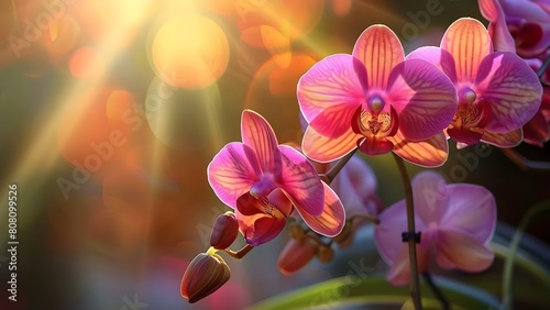 Pink Orchids in Full Bloom: A Close-Up Capture in Sunlight. Concept Floral Photography, Close-Up Shots, Nature in Sunlight