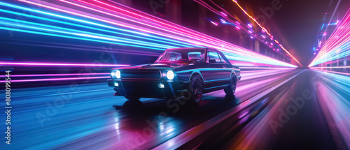Retro Road Trip, Classic car on a neon-lit highway, 80s synthwave inspired journey, Modern digital artwork