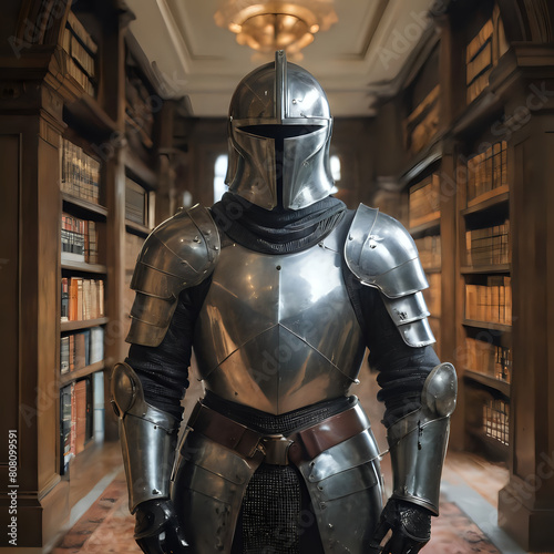 a knight in armor standing in a library with bookshelves