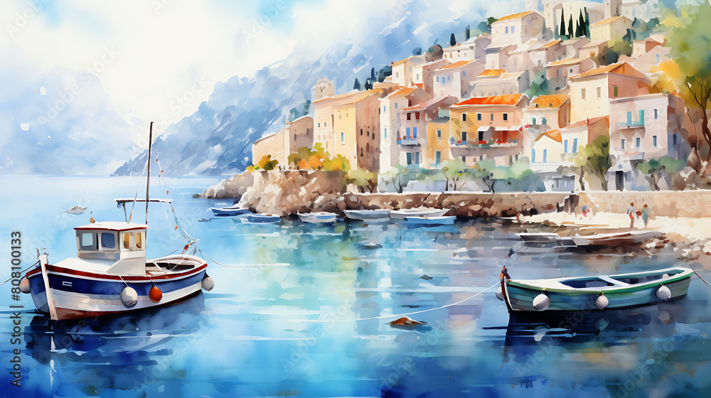 Generate a watercolor background with a serene view of a Mediterranean village by the sea, with boats and clear water