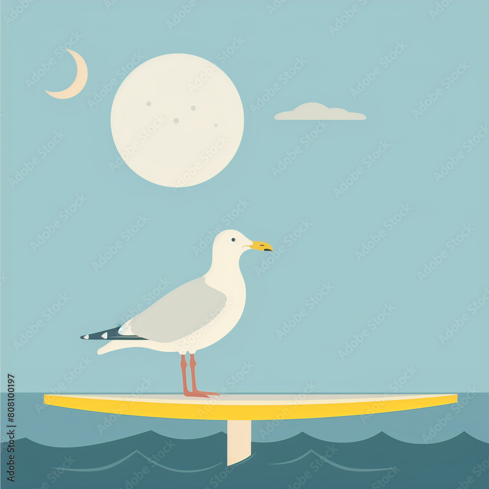 Fototapeta premium This minimalist illustration depicts a seagull perched atop a surfboard, characterized by a flat design aesthetic. The color palette consists of light blue and yellow tones, enhancing the simplicity