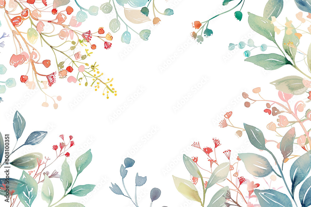 Fototapeta premium watercolor Floral frame with flowers and leaves, flat, pastel blue, pink, green, white background