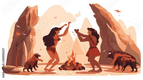 Ancient people dancing around fire near rock in sto photo