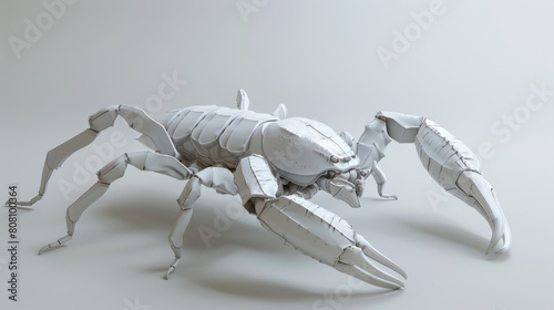 3D render of a white mechanical scorpion with intricate details, positioned in a dynamic pose on a plain background. photo