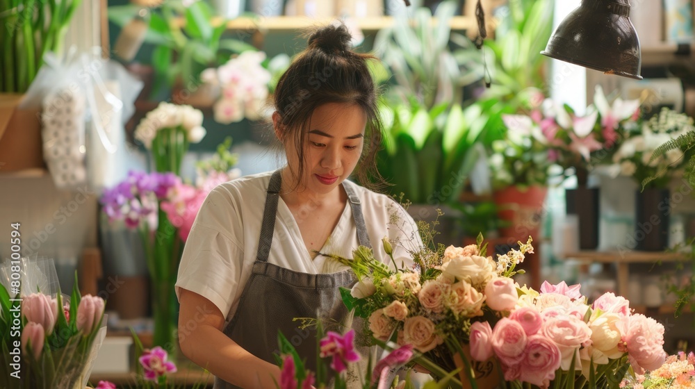 Happy asian Florist in a flower shop arranging bouquets. 