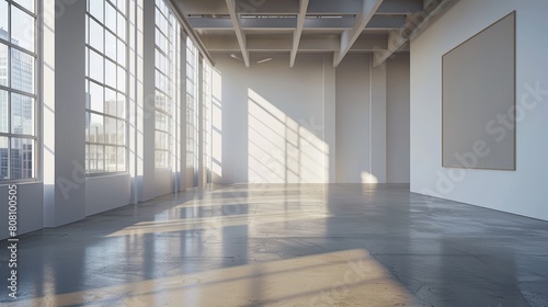 Elegant minimalistic blank canvas standing in an airy  high-ceiling gallery with concrete floors and large windows  sunlight casting soft shadows