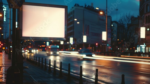 Blank urban billboard on a busy street corner at dusk  lights of the city casting a soft glow  perfect for graphic advertisements or public messages