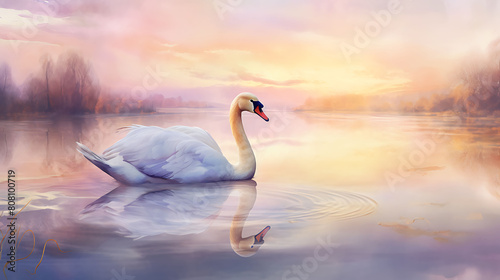 Generate a watercolor background with an elegant swan lake scene at dawn  reflecting the soft pastel colors of the sky