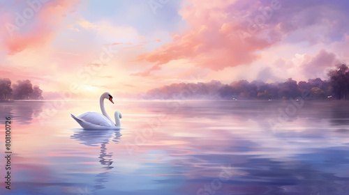 Generate a watercolor background with an elegant swan lake scene at dawn  reflecting the soft pastel colors of the sky