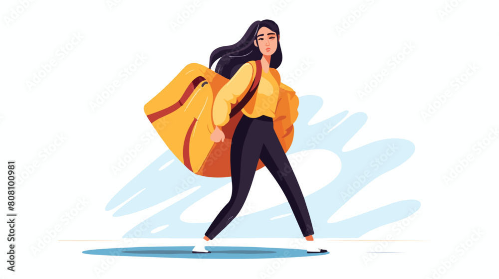 Annoyed young woman carries on back huge heavy bag