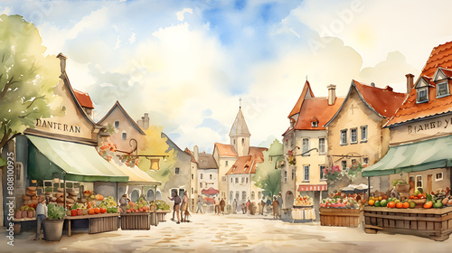 Generate a watercolor background featuring a lively farmers  market in the heart of a European village
