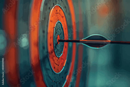 Close up shot of the dart arrow hit on bullseyes of dartboard to represent that the business reached the target of company with dark tone picture style