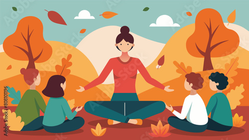 Against a backdrop of colorful fall leaves a yoga instructor leads a group of students in a session focused on grounding and connecting with nature.. Vector illustration