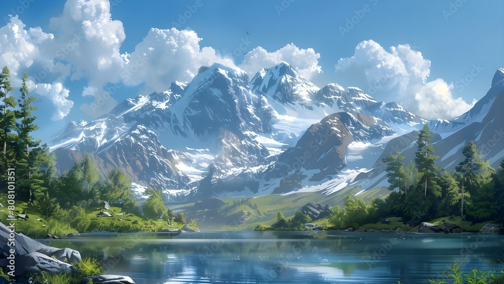 Scenic Beauty: Majestic Mountain Landscape with Snowcapped Peaks, Lake, and Clear Blue Sky. Concept Mountain Landscape, Snowcapped Peaks, Lake Views, Clear Blue Sky, Scenic Beauty