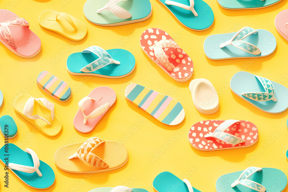Seamless Colorful flip flops on yellow background. Flat lay, top view. Seamless Colorful flip flops on yellow background. Flat lay, top view.