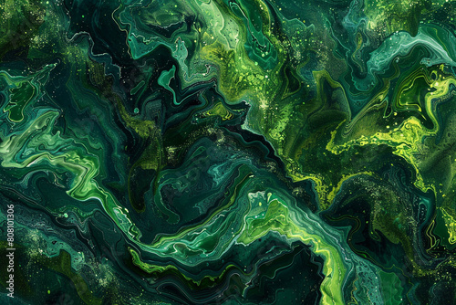 An abstract aerial view created by sprawling jade and emerald paint splashes, resembling the lush topography of a rainforest.  photo