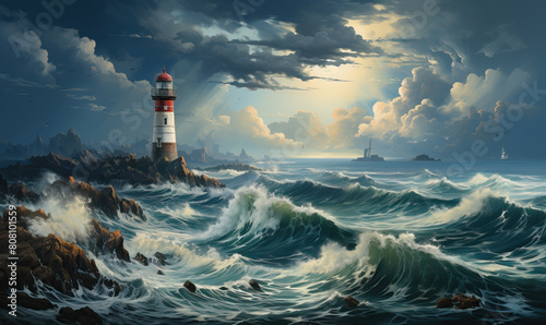 Lighthouse in Ocean Storm. Generative AI