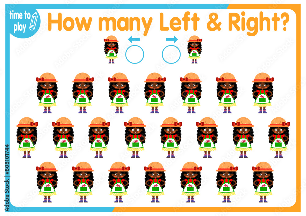 children's educational game, tasks. count how many elements will be placed on the right and how many on the left. gardener children's educational game, tasks. count how many elements will be placed on the right and how many on the left. gardener