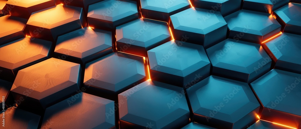 Glowing topaz, bronze, and sky blue lights illuminate a geometric hexagon pattern on a abstract background Glowing topaz, bronze, and sky blue lights illuminate a geometric hexagon pattern on a abstract background
