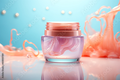 transparent cosmetic jars with pink and purple cream gel with jellyfish on blue background