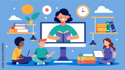 Viewers are taken inside their virtual classrooms as they balance schoolwork with their online lives.. Vector illustration photo