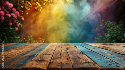 Empty wooden table top on rainbow smoke with colorful flowers background, pride month theme