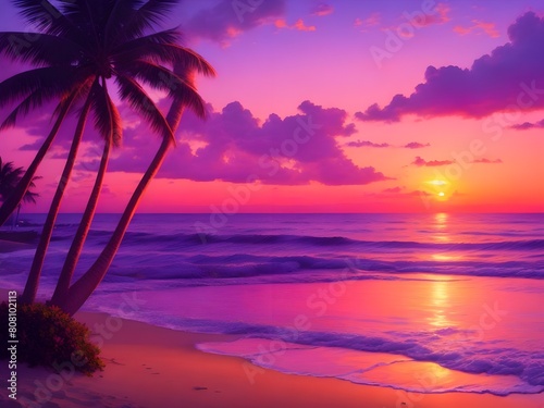 Beautiful sunset tropical beach with palm tree and pink sky for travel and vacation in holiday relax time 