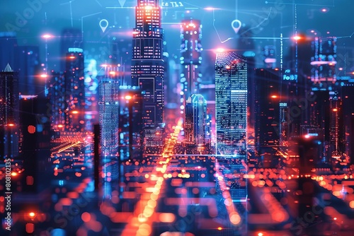 Futuristic cityscape with bright lights and skyscrapers, perfect for urban development or technology advancement themes