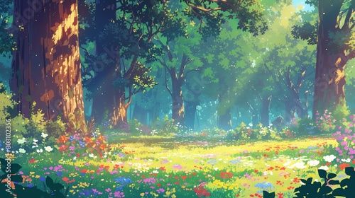 A dreamy forest scene with towering trees and delicate woodland flowers carpeting the forest floor, anime landscape background photo