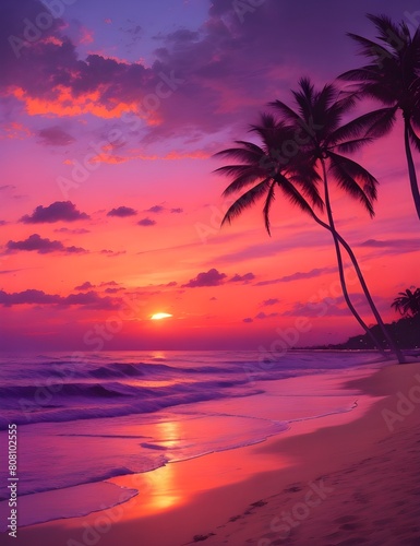 Beautiful sunset tropical beach with palm tree and pink sky for travel and vacation in holiday relax time  © Jazz Allen