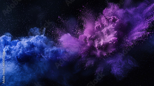 An abstract art piece created by the collision of indigo and violet powder clouds against a black canvas, showcasing the serene beauty of color and motion in harmony. photo
