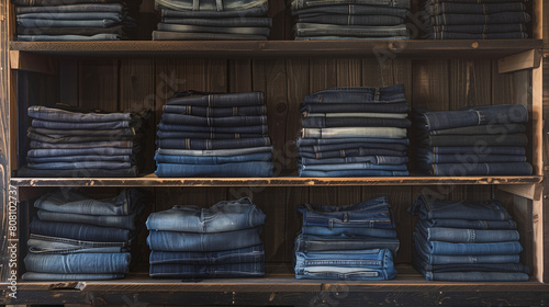 Stacks of Blue Jeans on Wooden Shelves in Store