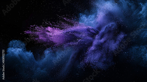 An abstract art piece created by the collision of indigo and violet powder clouds against a black canvas, showcasing the serene beauty of color and motion in harmony.