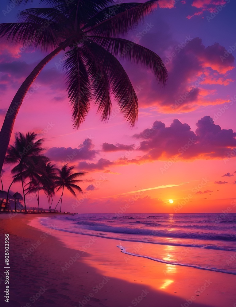 Beautiful sunset tropical beach with palm tree and pink sky for travel and vacation in holiday relax time
