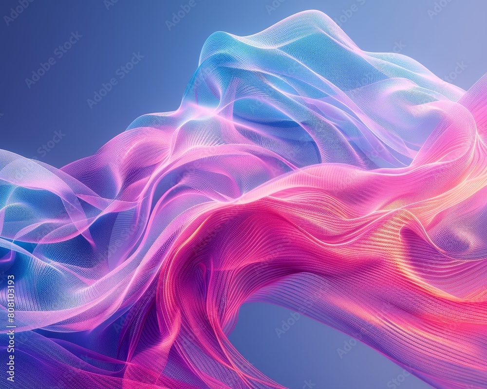 Obraz premium Abstract digital artwork featuring a vibrant gradient mesh background with smooth transitions of pink to blue, creating a soothing visual flow