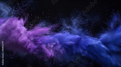 An abstract art piece created by the collision of indigo and violet powder clouds against a black canvas, showcasing the serene beauty of color and motion in harmony.