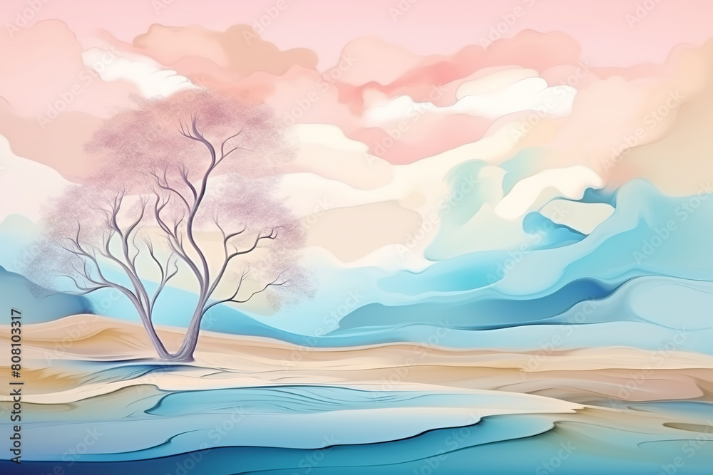 psychedelic landscape with fluid lines, trees, river, hills, soft colors, blue, pink and orange, a dreamy sky psychedelic landscape with fluid lines, trees, river, hills, soft colors, blue, pink and orange, a dreamy sky