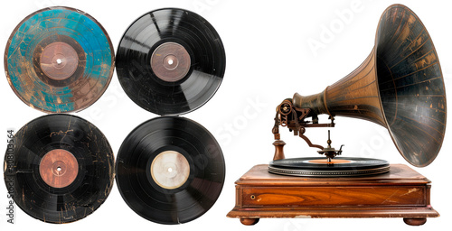 Set of Vintage Gramophone Records, isolated on transparent background