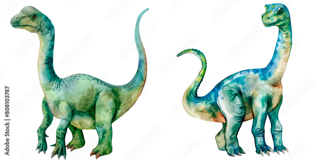 Obraz premium Set of watercolor apatosaurus, isolated on transparent background